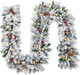 Christmas Garland with Lights,Prelit Xmas Garlands with Timer, 9ft Lighted Xmas Garland Snow for Mantle Staircase Front Door Stairs Railing Window Fireplace Winter Outdoor Home Decorations