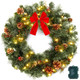 24 Inch Pre-Lit Handcrafted Christmas Wreath for Front Door, IP44 Battery Operated 50 LED Christmas Wreaths, Decor with Pinecones Pine Needles Branches Red Berry Mini Bow, Wreaths for Door Wall Window