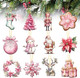 24pcs Pink Christmas Wooden Ornaments Christmas Snowman Santa Elk Garland Wood Decors Christmas Haniging Ornaments Pendants with Ropes for Christmas Tree Home Decor