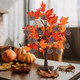 Thanksgiving Decorations, 24IN 24LT Lighted Fall Maple Leaves Tree Fall Decor, 2FT Brown Battery Powered Timer Autumn Trees Decorations with 12 Wood Turkey Ornaments for Home, Holiday