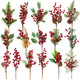 16 Pieces 9-13 Inch Large Artificial Christmas Tree Picks Red Berry Pine Branches Flower Pick for Christmas Wreath Festive Season Decor