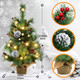 Pre-lit Mini Christmas Trees, Little Christmas Tree with Flocked Pine Needles, Pine Cones, Berries Christmas Decoration, 2 ft Burlap Base Small Trees with 25 Led Lights for Table Top Xmas Decoration