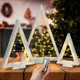 Set of 3 Tabletop Wood Christmas Tree with Lights, Lighted Wooden Triangle Christmas Trees with Remote Timer Farmhouse Holiday Xmas Tree Decorations for Home Fireplace Mantle Decor (White)