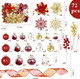 HOHY 72pcs Christmas Ornaments Set Christmas Tree Decorations Red and Gold Christmas Ornaments Ball Shatterproof Ornaments with Snowflake, Glitter Poinsettia Flowers, Glitter Berries Stems, Ribbon