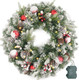Flocked Christmas Wreath Pre-lit 24 inch with 50 Light & Red Ball Pine Cone, Artificial Christmas Wreaths for Front Door with Lights, Wreath for Christmas Decoration Door Windows Wall Green
