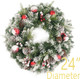 Flocked Christmas Wreath Pre-lit 24 inch with 50 Light & Red Ball Pine Cone, Artificial Christmas Wreaths for Front Door with Lights, Wreath for Christmas Decoration Door Windows Wall Green