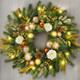 Christmas Wreaths for Front Door with Lights,24 inch Gold Large Christmas Wreaths Outdoor,Decorated with Christmas Ball,Pine Cones,Branches,Rose,Ribbon,Berry for Thanksgiving Fall Winter Decor