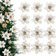 Jutom 12 Pcs Christmas Glitter Poinsettia Magnolia Flowers 6.3in 7.87in Christmas Tree Artificial Flowers 10 Petals Artificial Magnolia Flowers for Christmas Tree Xmas Wreath Holiday Decor(White)