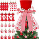 Liliful 25 Pcs Christmas Tree Topper Decor Set Christmas Candy Canes Tree Topper Red Hat with Peppermint Striped Bow Ribbon and Lollipop Hanging Balls for Holiday Christmas Party Tree Decor