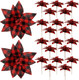 MTLEE 20 Pieces Buffalo Plaid Poinsettias Christmas Tree Ornaments Artificial Christmas Flowers Christmas Poinsettias for Rustic Christmas Tree Wreaths Garland Holiday Decorations (Black and Red)