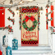 Merry Christmas Door Cover Decorations Wood Grain Christmas Wreath Door Banner Xmas Small Buffalo Plaid Edge Door Cover Banner for Farmhouse Front Door Decoration Year Christmas Party Supplies