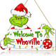 Christmas Door Sign Decorations, Welcome to Whoville Wreath for Front Door, Merry Grinchmas Wooden Ornaments Wall Door Hanger for Xmas Party Christmas Tree Winter Home Yard Holiday Decor