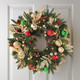 28’’ Pre-Lit Artificial Christmas Wreath Battery Operated 35 LED Lights with Gold, Green, and Red Ornaments, Glittering Gold Leaf Steams for Front Door, Xmas Wreath for Holiday Christmas Decorations