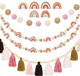 4 Pieces Boho Tassel Garland Rainbow Pom Pom Garland Wall Hanging Decor Pastel Tassel Boho Classroom Decor Felt Colorful Balls Garlands for Classroom Girls Bedroom Nursery Room Birthday Decor