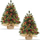 2 Pack 24''/2FT Realistic-Feel PE Thick Small Artificial Christmas Tree Tabletop Decor 40 Lights Timer Battery Operated Cedar Norfolk Pine 20 Pinecones 60 Red Berry Mini Xmas Tree Indoor Table Home