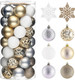 Valery Madelyn Christmas Tree Decorations Ornament Set for Fall Halloween Decor, 50ct White and Gold Shatterproof Christmas Ball Ornaments Bulk, 2.36 Inches Hanging Decor for Xmas Holiday Party