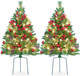 Set of 2 Outdoor Pathway Christmas Trees, 30” Battery Operated Pre-Lit Artificial Xmas Trees with 35 LED Lights, 8 Flash Modes, Holiday Décor for Porch Yard with Red Berries/Pine Cones/Ball Ornaments