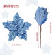 Waydress 16 Pieces Christmas Glitter Poinsettia Flowers Artificial Christmas Tree Ornaments Christmas Decor with Stem DIY Xmas Wreath Party Holiday Decor(Light Blue)