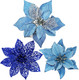 Winlyn 24 Set 3 Styles Christmas Blue Glitter Poinsettia Flowers Picks Christmas Tree Ornaments for Blue Christmas Tree Wreaths Garland Holiday Seasonal Wedding Decorations White Box Included