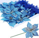 Winlyn 24 Set 3 Styles Christmas Blue Glitter Poinsettia Flowers Picks Christmas Tree Ornaments for Blue Christmas Tree Wreaths Garland Holiday Seasonal Wedding Decorations White Box Included