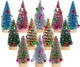 Yookat 12Pcs Mini Christmas Trees Small Sisal Trees Mini Pine Trees with Wood Base Mini Bottle Brush Trees Artificial Mini Christmas Trees Assorted Color for Christmas Winter Decoration (Multicolor)
