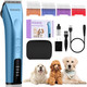 Professional Animal Pet Dog Cat And Horse Cordless Hair Clipper Grooming Kit With 5 In 1 Blade Low Noise & High Power Rechargeable Cordless Pet Grooming Clipper For For Thick Heavy Coats (Blue)