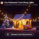addlon 1-to-4 Extension Cord String Lights - 110FT Total (4x25FT String Lights + 10FT), 52 ST38 LED Vintage Bulbs, Single Plug for Easy Setup, Outdoor Christmas Lights for House Backyard Garden Tree