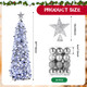 Jenaai 3 Pcs Pop up Christmas Tree 5ft Tinsel Pencil Christmas Tree with LED String Light Silver Balls Tree Star Topper Artificial Collapsible Christmas Tree Ornaments for Xmas Holiday Party Decor