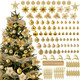 Ouddy Decor 103 Pcs Christmas Tree Decorations Set, Assorted Shatterproof Gold Christmas Ball Ornaments Christmas Metallic Mesh Ribbon Poinsettia Berries for Christmas Tree Holiday Winter Decor, Gold