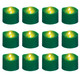 Green Base Warm White Flickering Flame Tea Lights, 6H Timer/Curved Edge Design, Battery Operated LED Flameless Tealight Candles for Party, Christmas and Holiday, Pack of 12