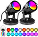 5W Rgbw Landscape Lights 16 Color Changing Spotlight 110V 120V Outdoor Landscape Lighting With Remote For Yard Garden Pathway(2 Pack With Base And Stake)