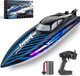 30Kmh Rc Remote Control Boat With 7 Led Light Modes Waterproof Electric Fast Speed Boat For Adults Kids 8-12 Lake Pool Water PlaySelf-RightingDemoWater Cooling20MinsLow Battery Alert2.4GhzBlue