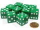Koplow Games Set of 10 Large Six Sided Square Opaque 19mm D6 Dice - Green with White Pip Die
