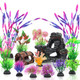Quozuo 15 Pcs Aquarium Artificial Plastic Plants Decorations And Resin Barrel And Coral Rock Cave Set Fish Tank Accessories Hideout Ornaments Aquarium Decor Set