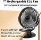 7 Clip On Fan,5000Mah Battery Operated Fan,Rechargeable Personal Fan,3 In 1 Desk Portable Usb Fan,Led Light,3 Speeds,720°Rotation