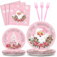 Zoiiwa Pink Christmas Party Tableware Set Santa Claus Snowflake Party Supplies Pink 96Pcs Pink