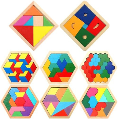Jerify 8 Pack Wooden Tangrams Puzzles Wooden Hexagon Puzzles Blocks