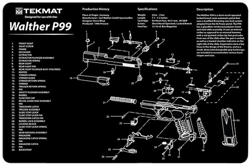 TekMat TEKR17WALP99 Walther P99 Cleaning Mat Black/White Rubber 11"x17" Walther P99 Parts Diagram