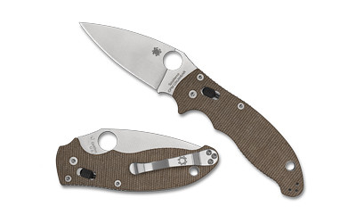 Spyderco Manix 2, Folding Knife, Plain Edge, Brown Canvas Micarta Handle, Satin Finish, Silver, 3.37" Blade Length, CPM CRU-WEAR Steel C101MPCW2