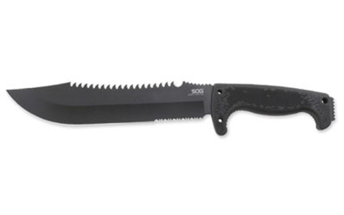 SOG Knives & Tools Fusion, Jungle Primitive, 9.5" Partially Serrated  Clip Point, Black Glass Reinforced Nylon Handle, 8Cr13MoV Steel, Hardcased Finish, Black, Includes Nylon Sheath SOG-F03TN-CP