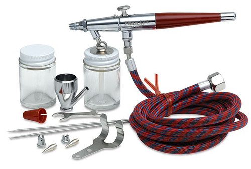 Paasche VL-Set components including 3 head sizes, 1oz bottle, and braided air hose