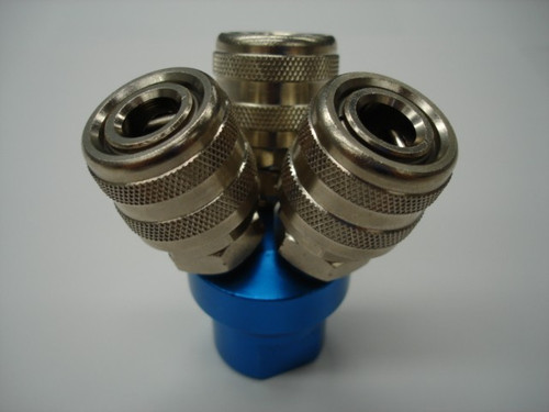 Gison GP-SMY30SMA 3-pass air manifold block with 3/8 inch BSP inlet and three Aro quick connect couplers.