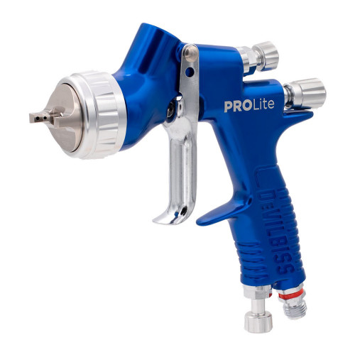DeVilbiss ProLite lightweight gravity feed spray gun with white plastic top cup, 1.3mm fluid tip, and chrome T110 air cap