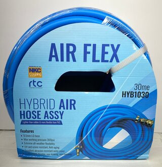 Airflex 30m Hybrid Air Hose 9.5mm ID with NKC Hi-Flo Fittings - Blue Flexible Anti-Kink Air Hose