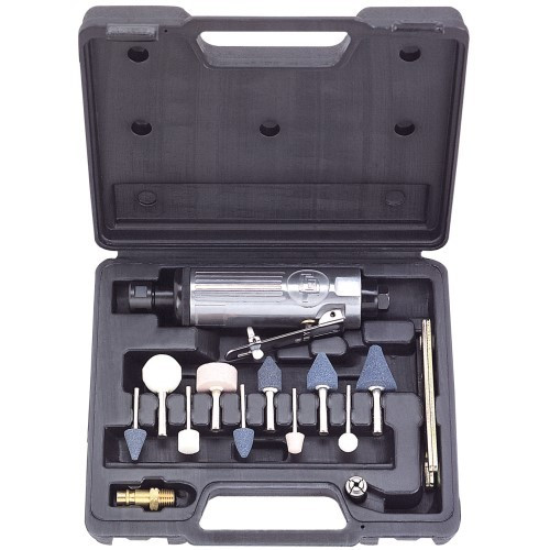 Gison GP-824K 14-piece air die grinder kit including GP-824 grinder, 10 grinding stones, wrenches, and carry case