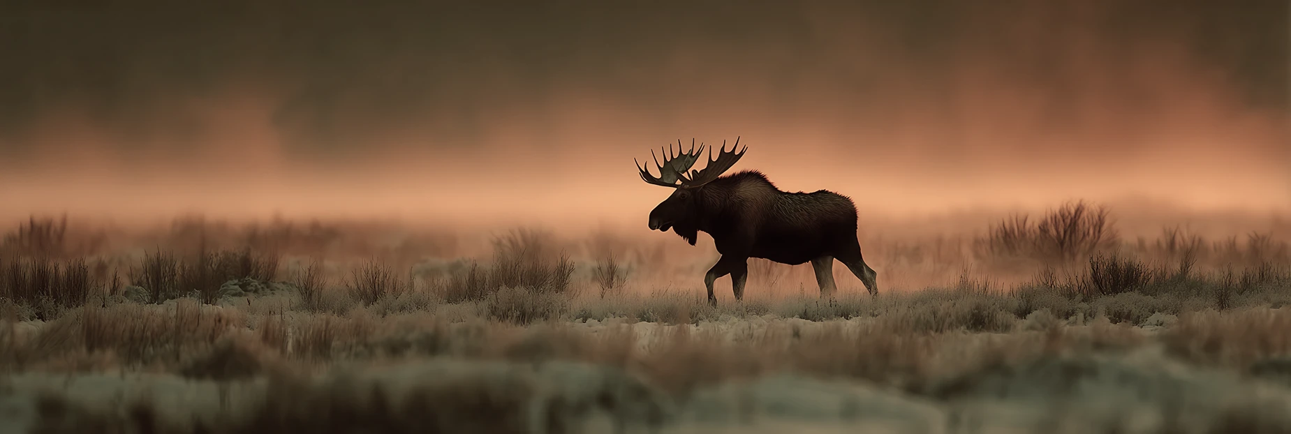 A bull moose crossing frosted sagebrush flats at dawn