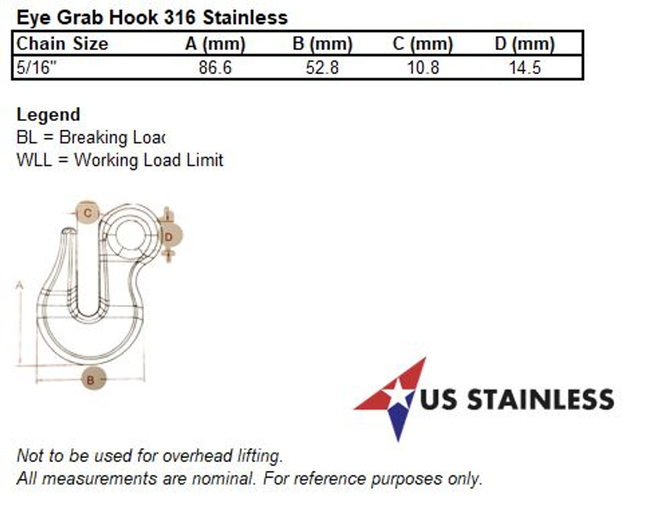 Stainless Steel 316 Eye Grab Hook 5/16 x 3 1/4 Marine Grade - US
