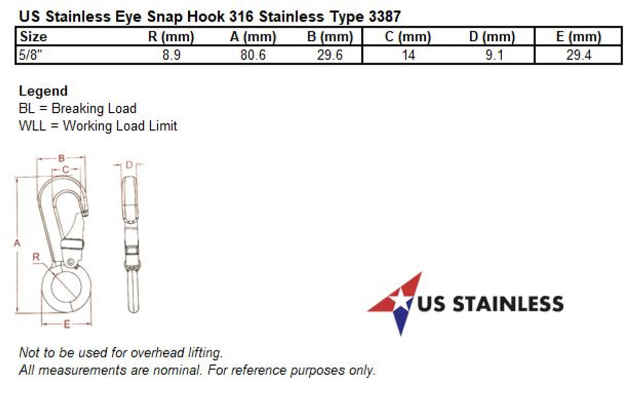 Stainless Steel 316 5/16 Boat Snap Hook with 5/8 Fixed Eye
