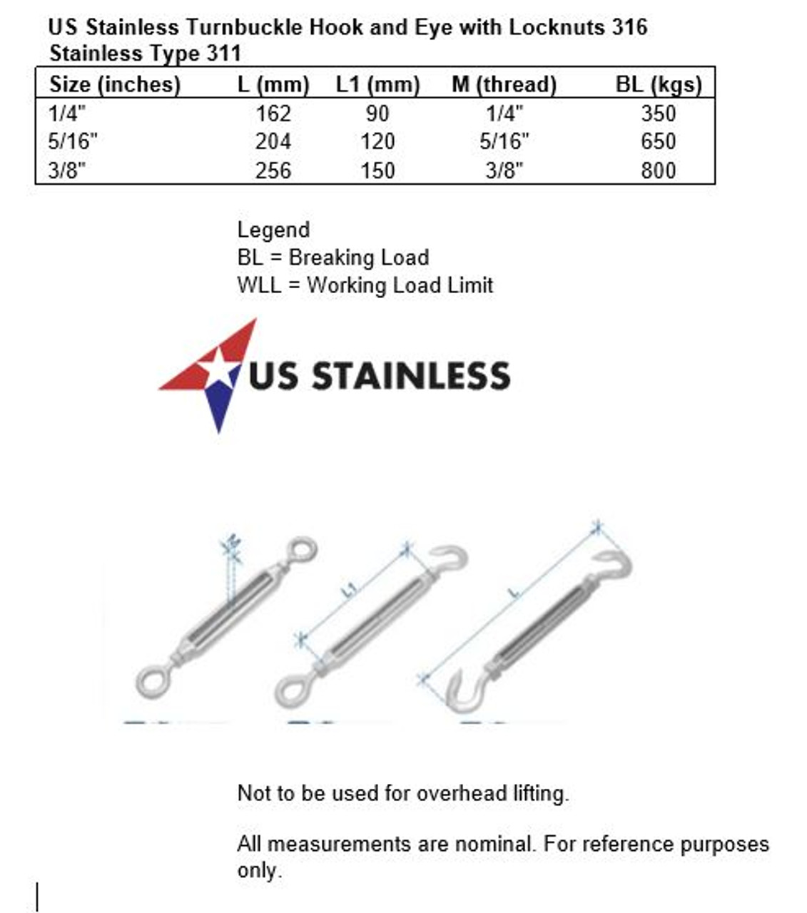 Stainless Steel 316 3/8 Turnbuckle Hook and Eye with Locknuts 3/8 UNC  Marine - US Stainless