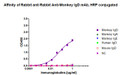 Dose response curve of HRP conjugated Monkey IgD mAb measured by ELISA. 1 µg/mL of various immunoglobulins were coated to 384-well plate. , blank wells without protein were used as negative control (NC). The coated plate was blocked and subsequently incubated with 25 µL of HRP conjugated Rabbit Anti-Monkey IgD mAb in a 3 fold serial dilution from 1 Mu g/mL to 6. 97Ã—10^-2 pg/mL, incubation was performed at room temperature for 1 hour. The ELISA result demonstrated that Rabbit anti-Monkey IgD mAb has highly specific recognition of Monkey IgD while no or minimal cross reactivity to Monkey IgAã€Monkey IgEã€Monkey IgG3ã€Human IgDã€Mouse IgD.